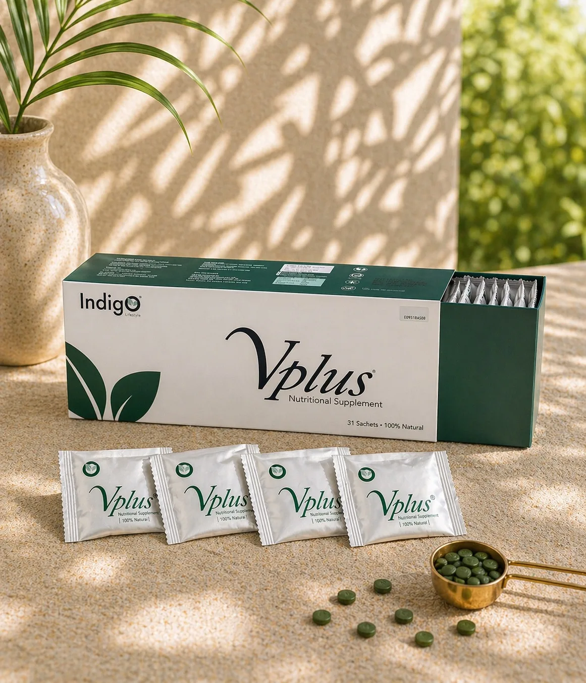 Vplus Formula box, open, showing daily sachets