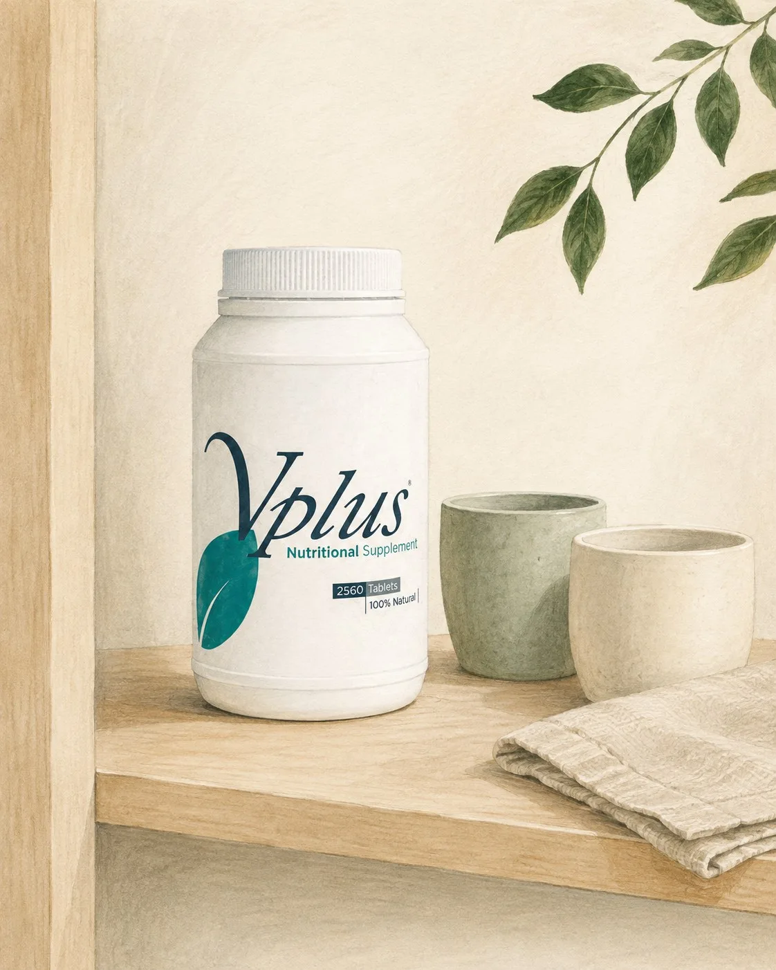 Illustration of a closed Vplus Family tub on a wooden cupboard shelf beside two ceramic cups