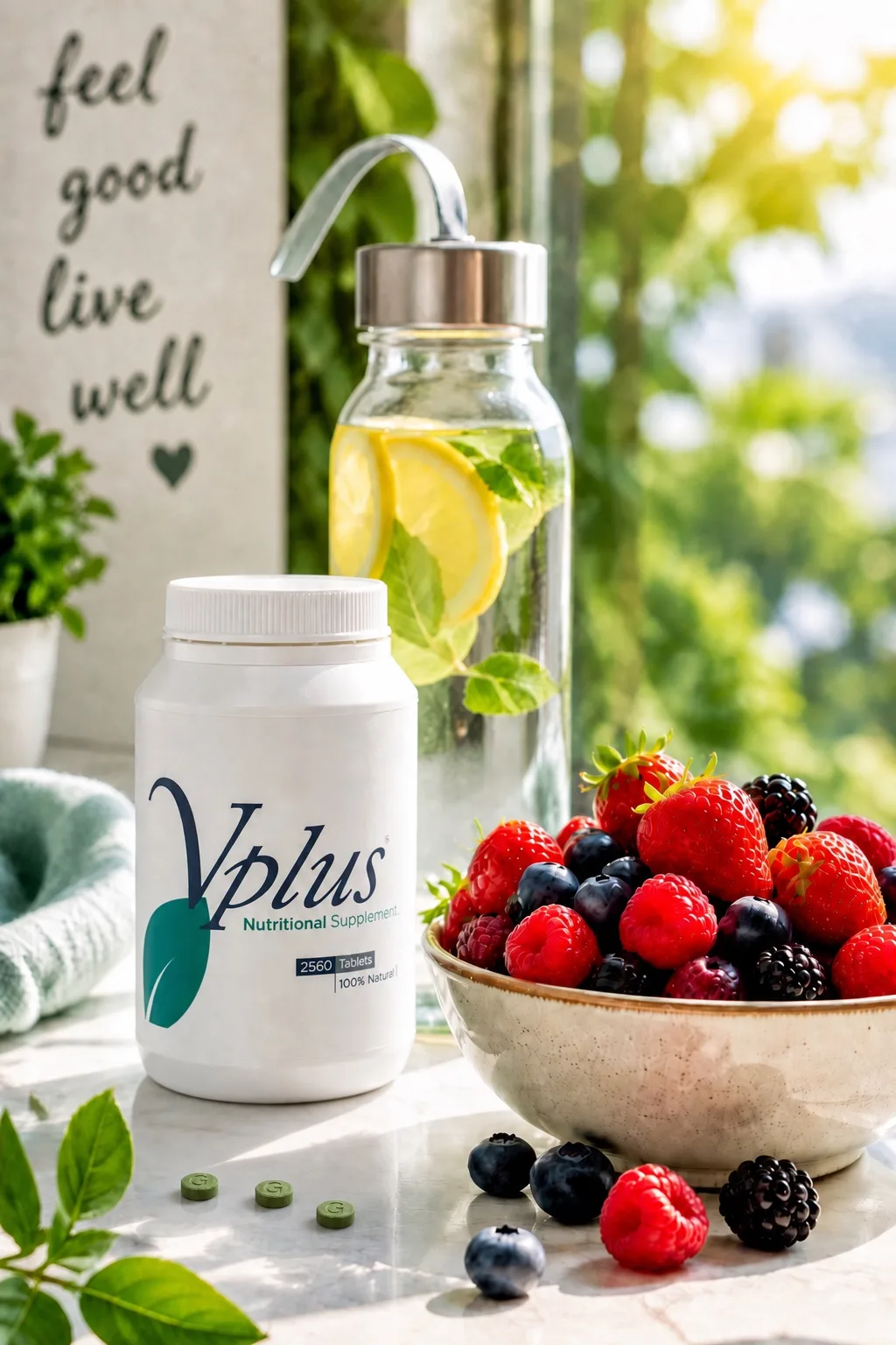 A Vplus Family tub of 2,560 tablets beside a bowl of berries, a bottle of lemon water and three green tablets on a sunlit marble counter