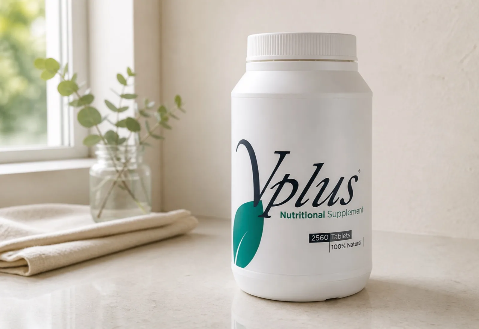 The Vplus Family Tub of 2,560 tablets on a kitchen counter