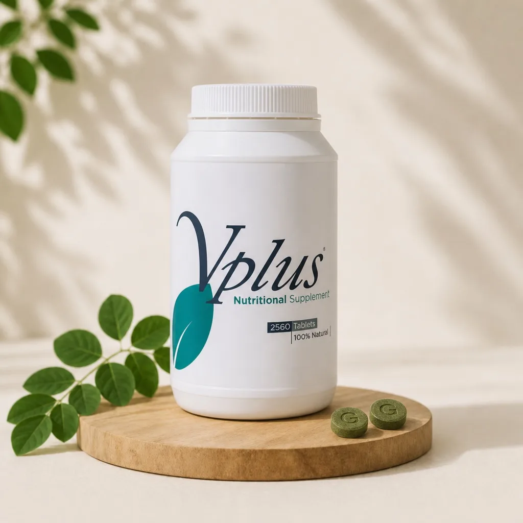 Vplus Family tub on a wooden pedestal beside two green tablets and a leafy sprig