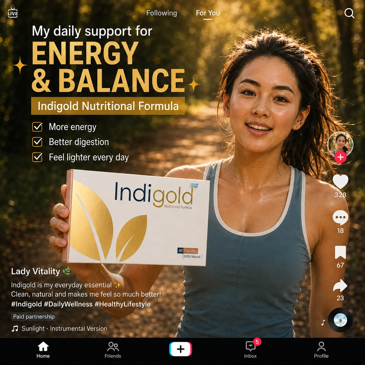 Lady Vitality on a forest run holding a box of Indigold