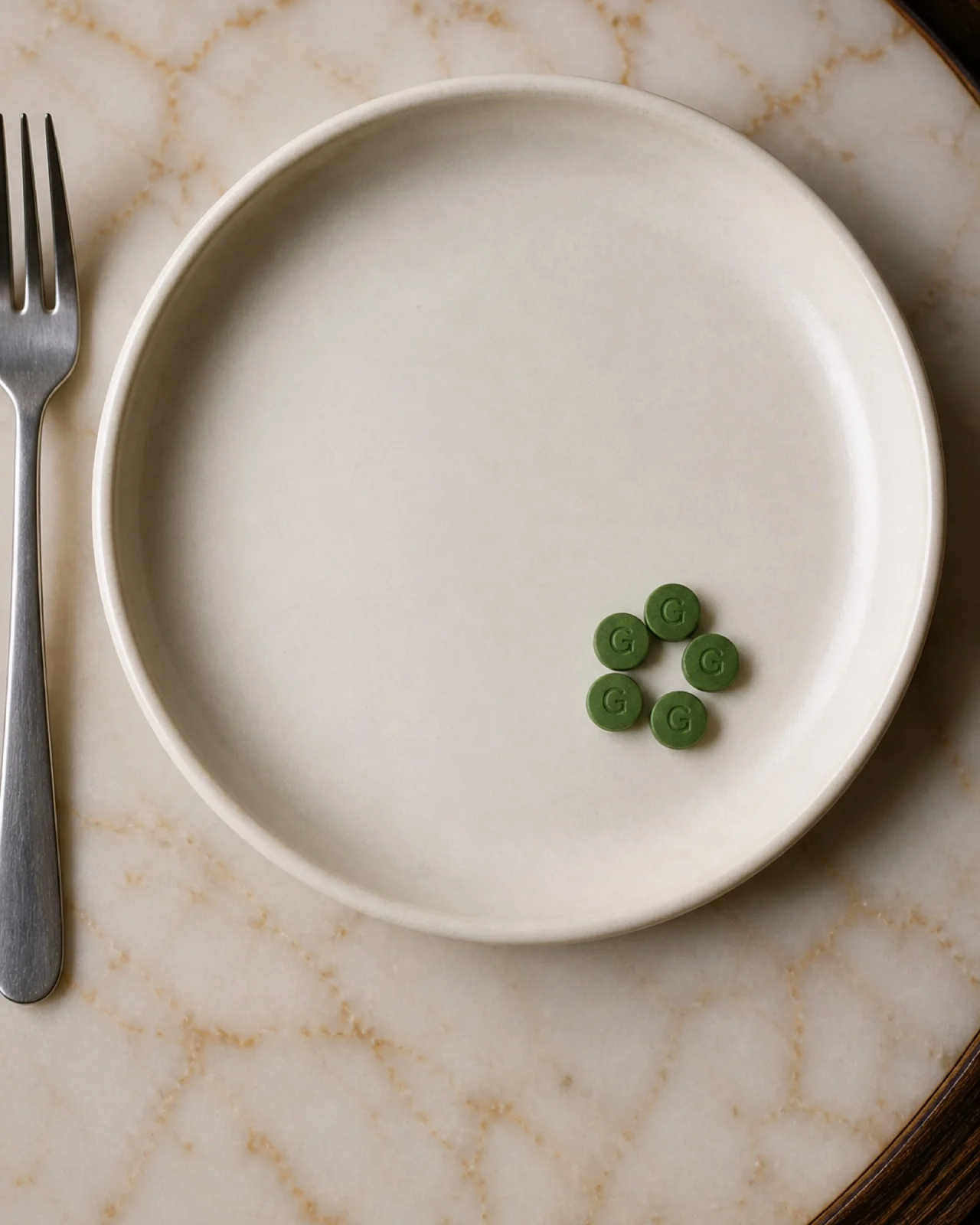 Five green Vplus tablets on a cream plate
