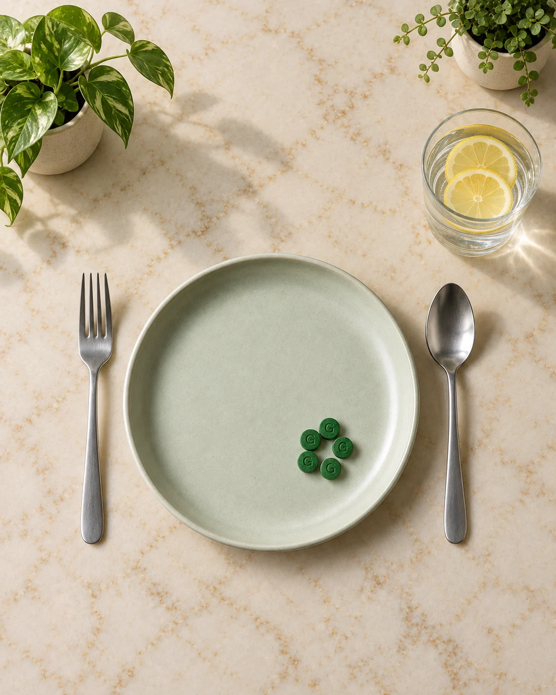 Five green tablets on a light sage plate, with a fork, spoon, lemon water and table plants
