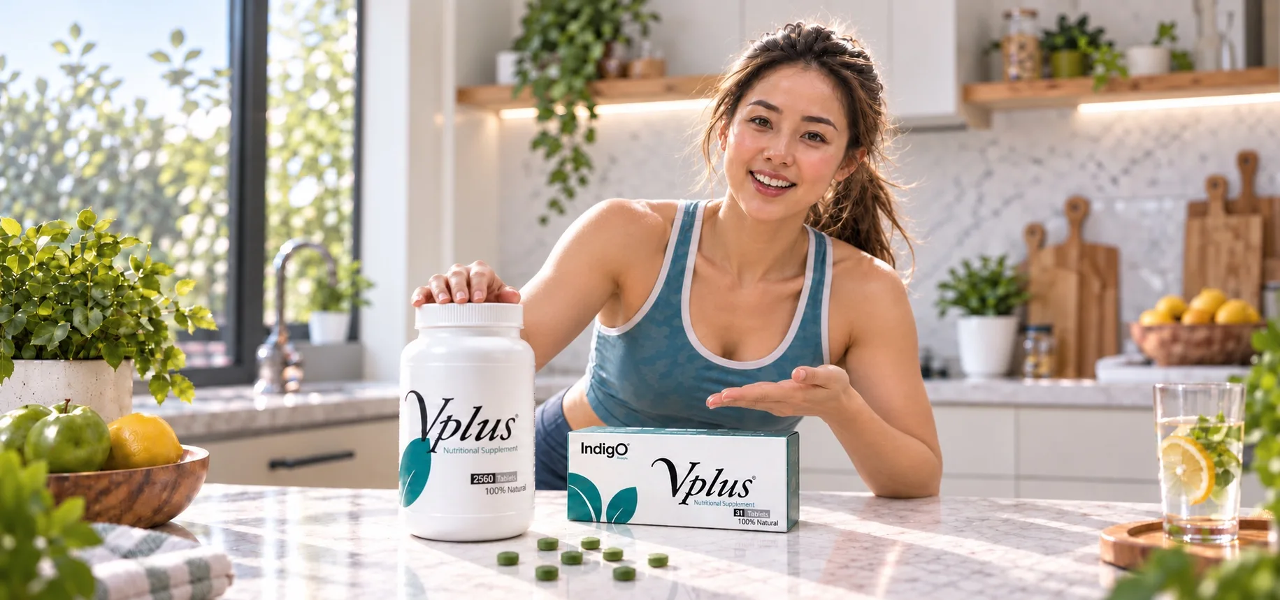 A woman in a sports top at a sunlit kitchen counter with a hand resting on a Vplus tub, beside a Vplus box and green tablets