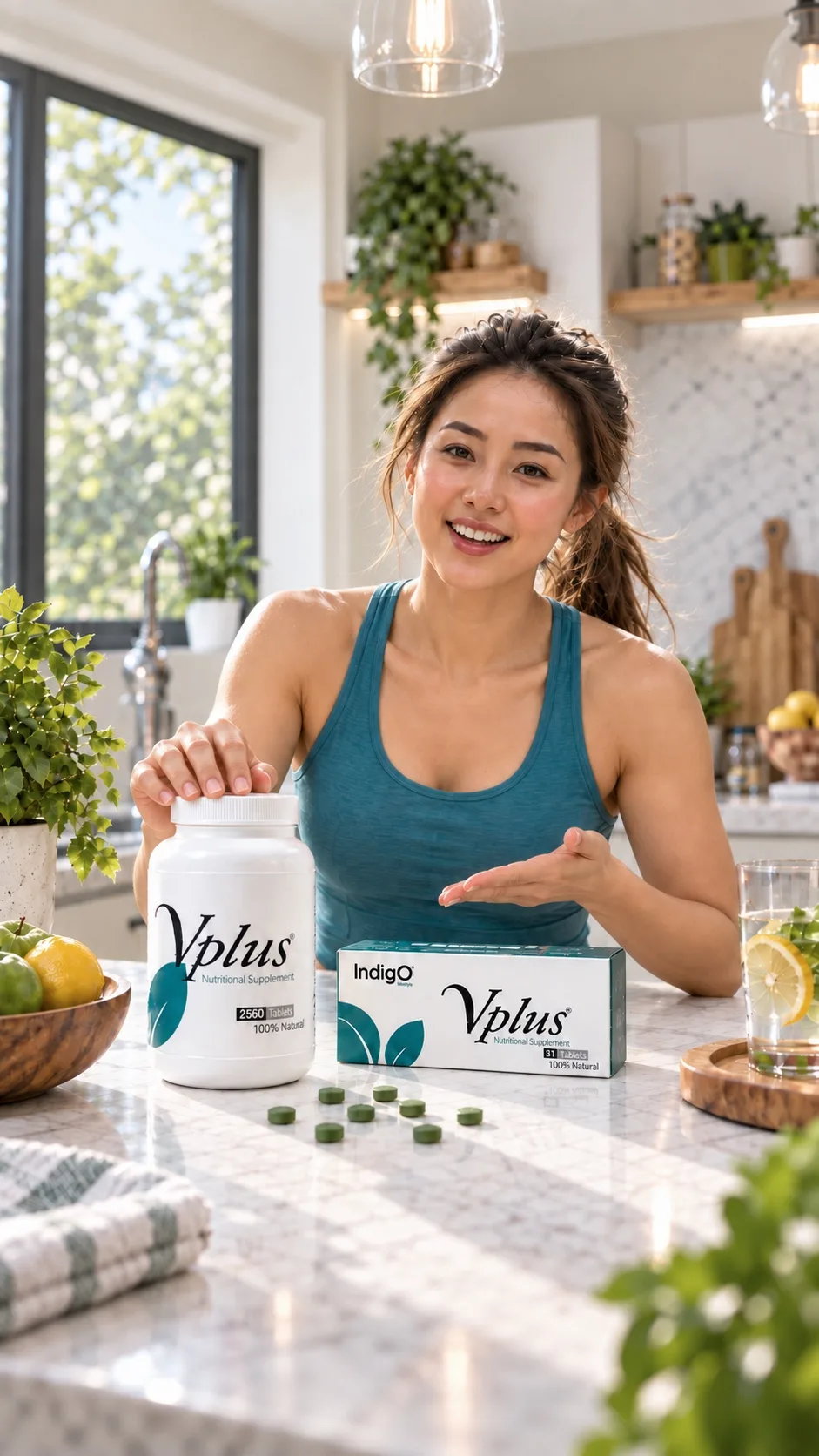 A woman in a sports top at a sunlit kitchen counter with a hand resting on a Vplus tub, beside a Vplus box and green tablets